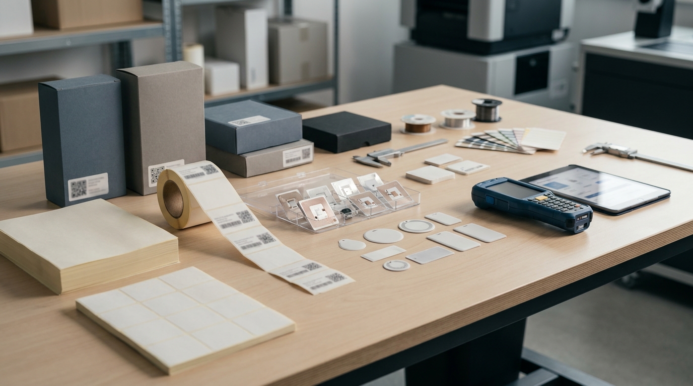 Eine visuelle Gegenüberstellung von QR-Code, NFC-Chip und RFID-Tag auf einem industriellen Etikett.